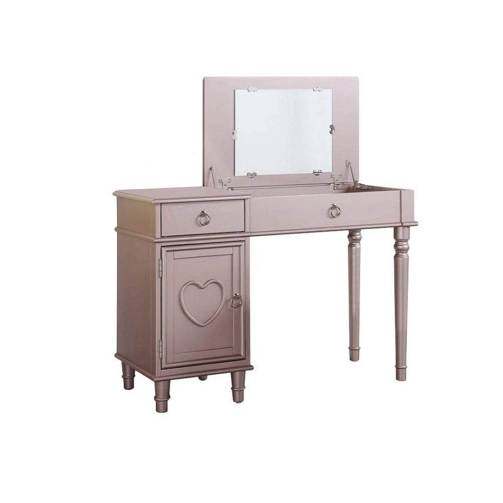Benjara 3Piece Rose Gold Makeup Vanity Set with Accent Mirror BM299016