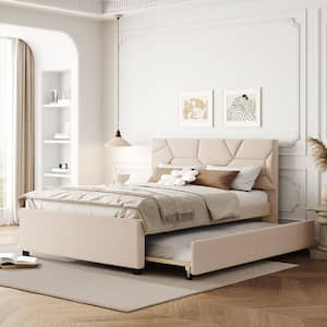 Beige Wood Frame Full Size Linen Upholstered Platform Bed with Brick Pattern Headboard and Twin Size Trundle
