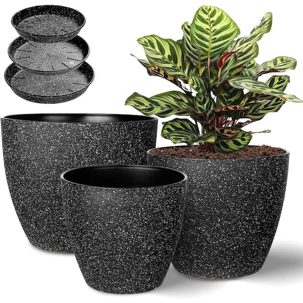 ITOPFOX Modern 9 in. L x 9 in. W x 8 in. H Speckled Black Plastic Round Indoor Planter (3-Pack)