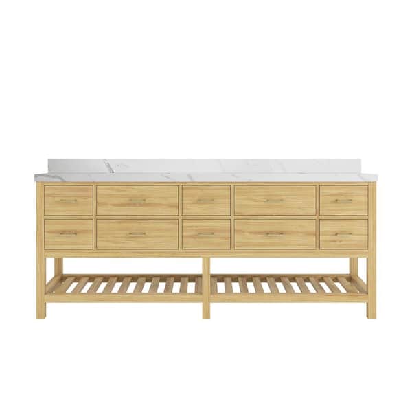 Willow Collections Parker Teak 84 in. Double Sink Freestanding Light Natural Bath Vanity with Regular Calacatta Laza Qt. Top Unassembled