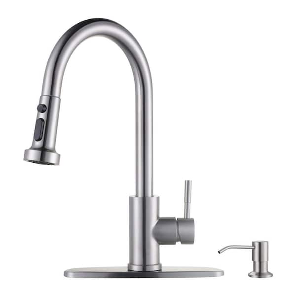 WOWOW Single Handle Pull Down Sprayer Kitchen Faucet with Soap Dispenser Stainless Steel in Brushed Nickel