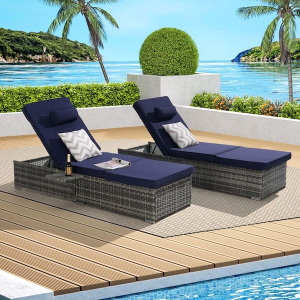Unbranded 2-Piece Wicker Outdoor Recliner with Dark Blue Cushion, Adjustable Backrest and Side Table, Patio Chaise Lounge Chair