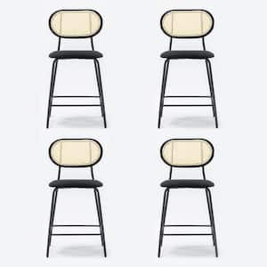 38.5 in. Set of 4 Black Wood Rattan Back Velvet Counter Stools with Metal Frame