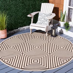 Beach House Creme/Brown 7 ft. x 7 ft. Round Fretwork Geometric Indoor/Outdoor Area Rug