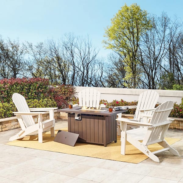 Glitzhome 5-Piece 30000-BTU Tiles Top Aluminum Propane Patio Fire Pit and HDPE Folding Adirondack Chairs Set