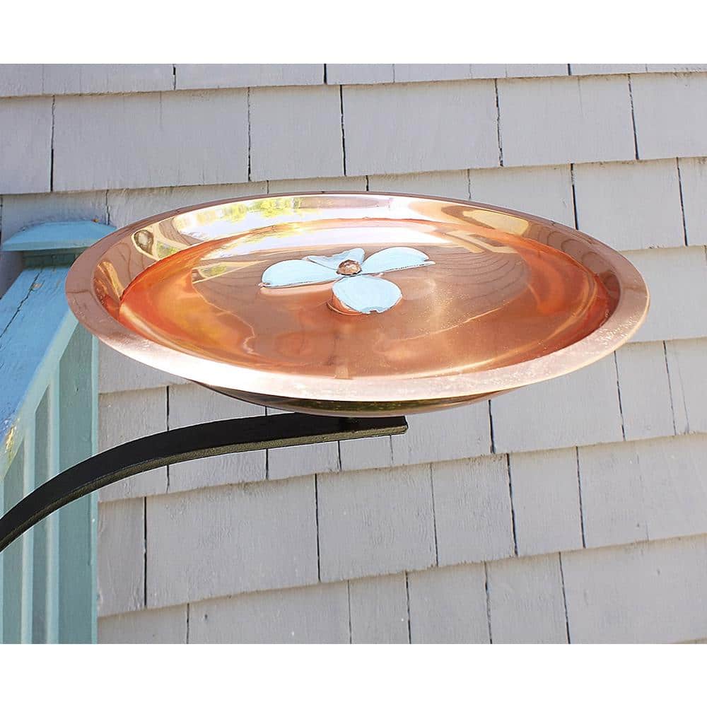 Copper and White Patina Dogwood Birdbath with Rail Mount Bracket