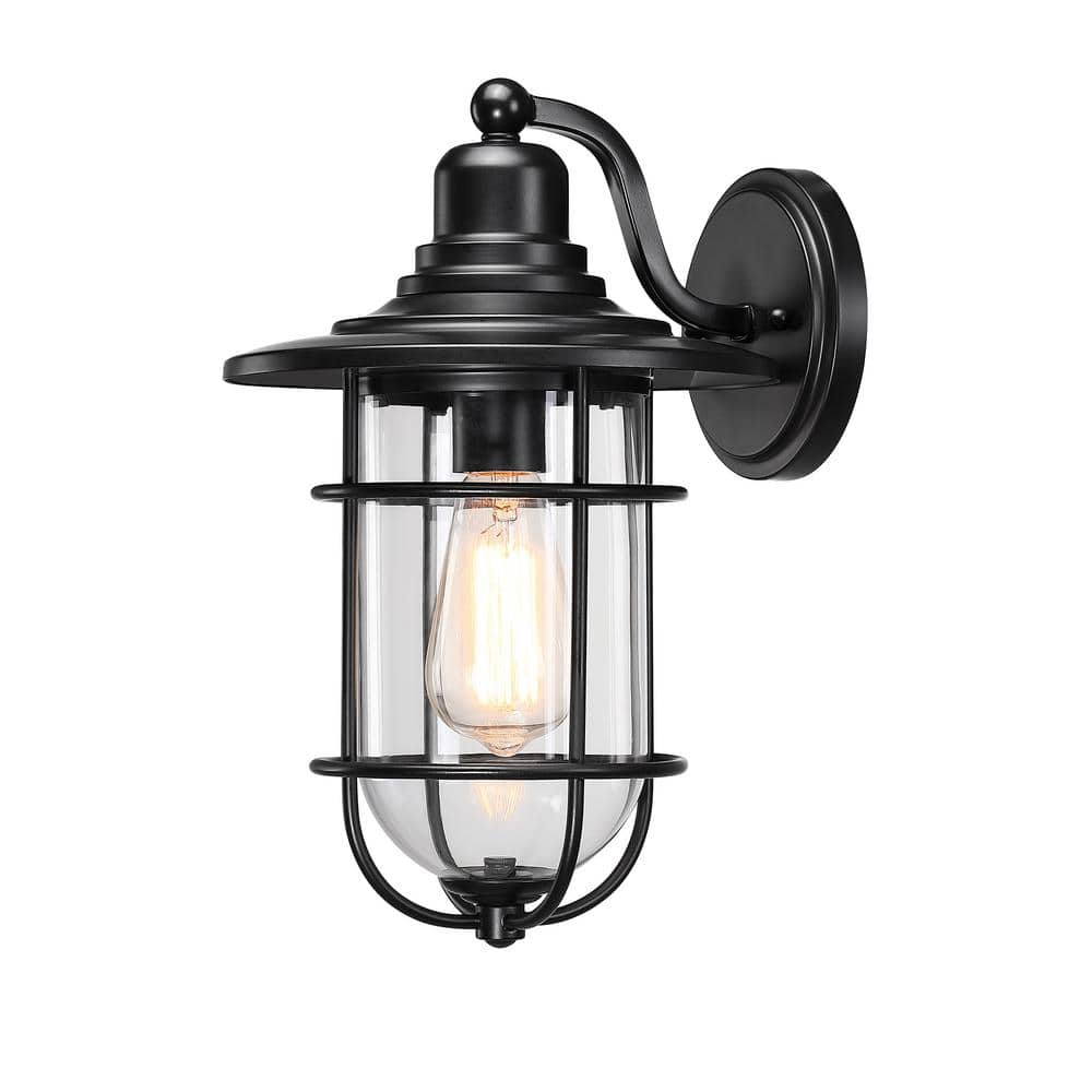1-Light Matte Black Outdoor Hardwired Wall Lantern Sconce with Clear Glass 