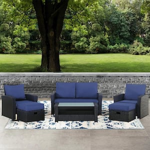 Black 6-Piece Wicker Metal Patio Conversation Set with Blue Cushions and Coffee Table