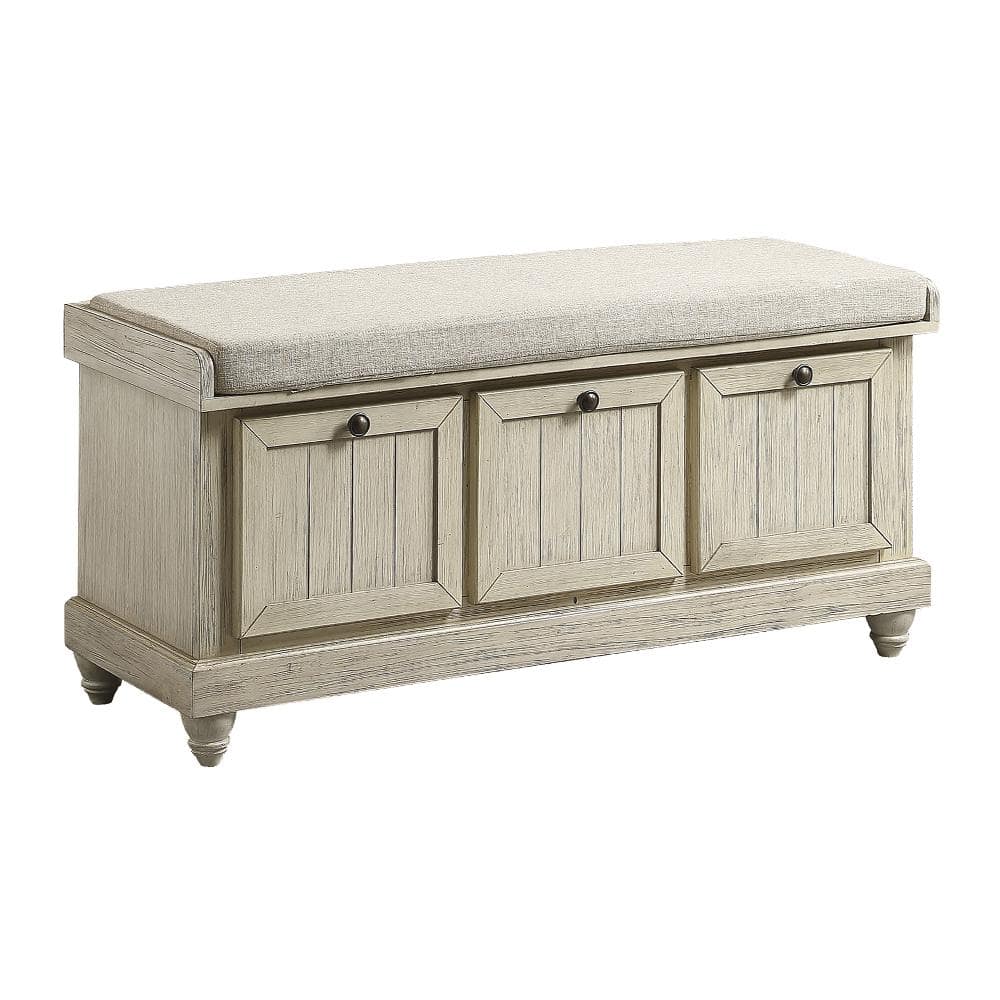 Distressed White Wood Storage Bench with Gray Cushion