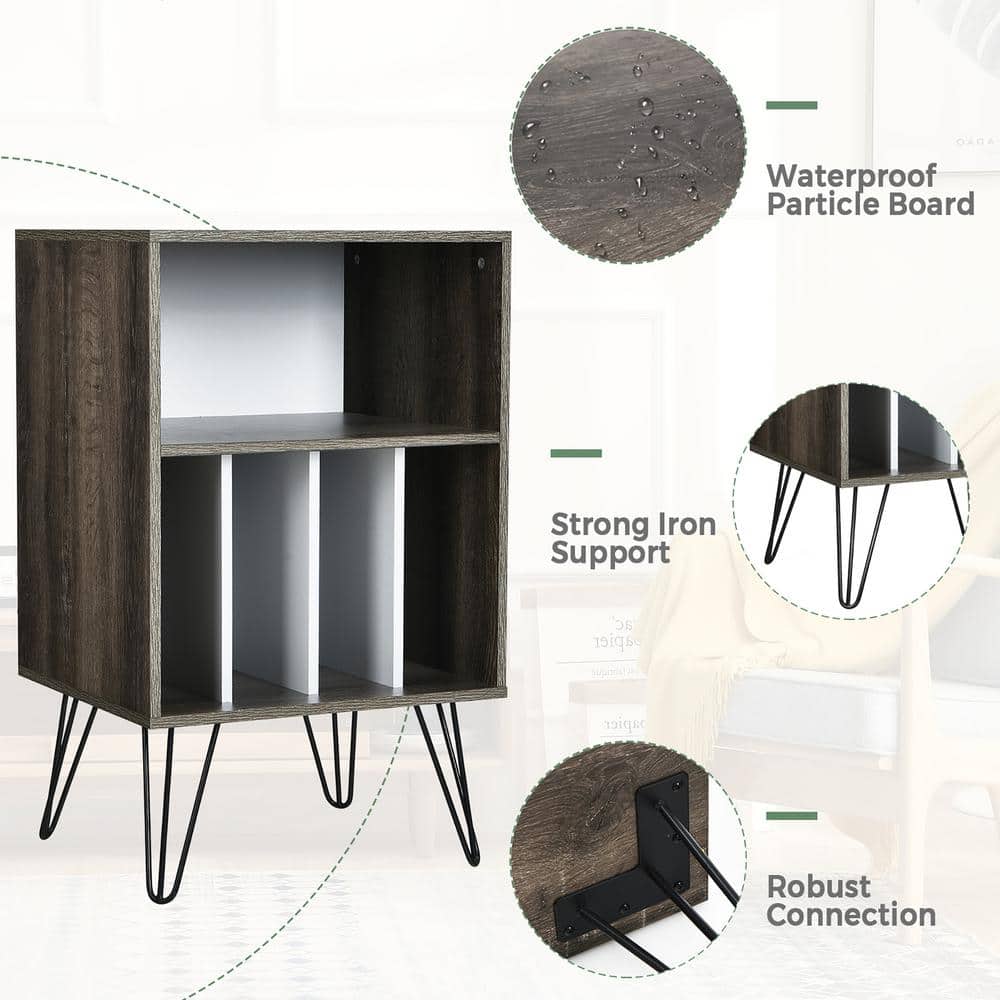 Walnut Wood Record Player Stand with Metal Legs and Storage Shelf