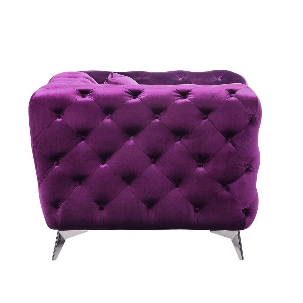 Elegant Chic Purple Velvet Tufted Sofa with Round Arms and Chrome Legs