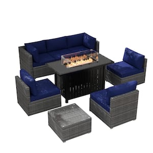 8-Piece Gray Wicker Patio Conversation Set with Blue Cushions, 43 in. Propane Fire Table, Lid, Glass Wind Guard