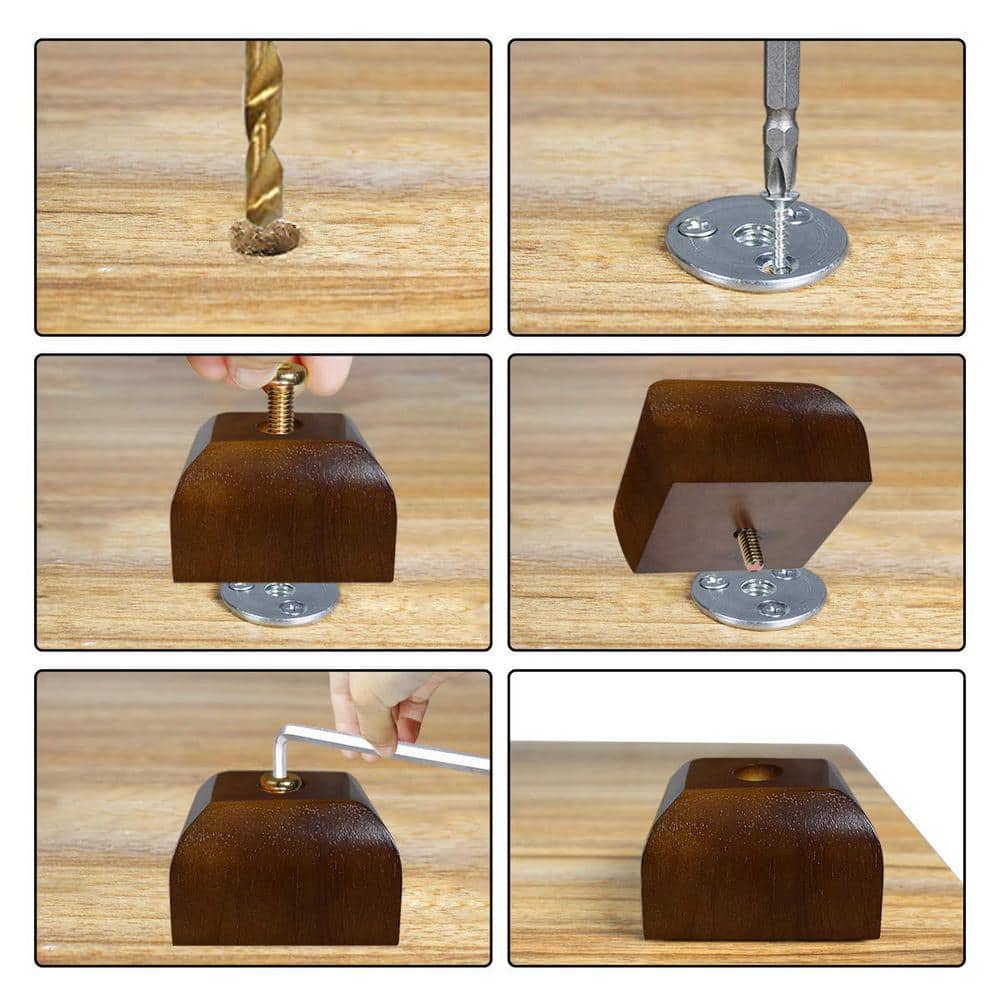 Installation guide showing how to attach a wood leg to a floor.