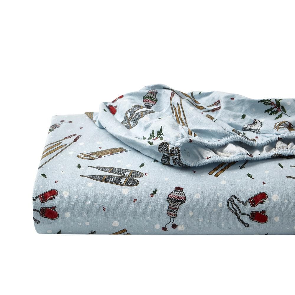 Blue Cotton Flannel Queen Sheet Set with Snow Days Print