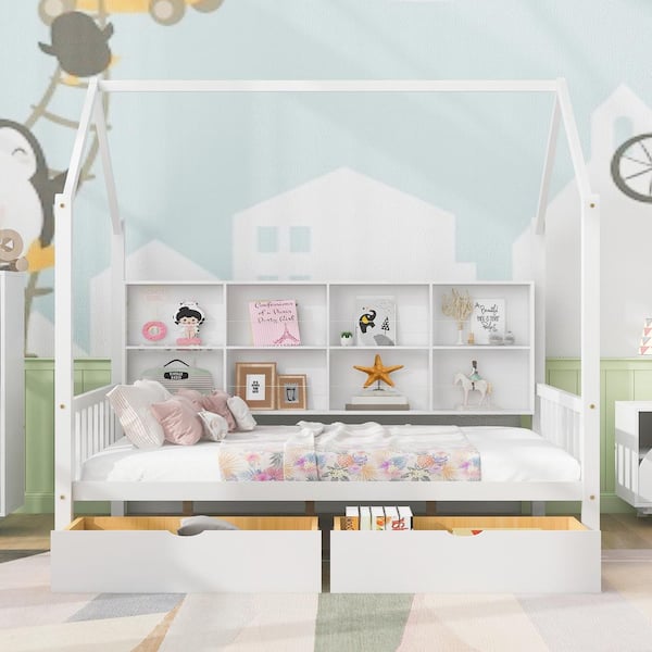 Harper & Bright Designs White Full Size Wooden House Bed with 2 Drawers and Storage Shelf