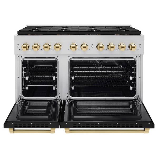 Autograph 48 in. 6.7 cu. ft. Paramount Dual Fuel Range with 8 Burner DuoPro Cooktop with Black Matte Doors and Gold
