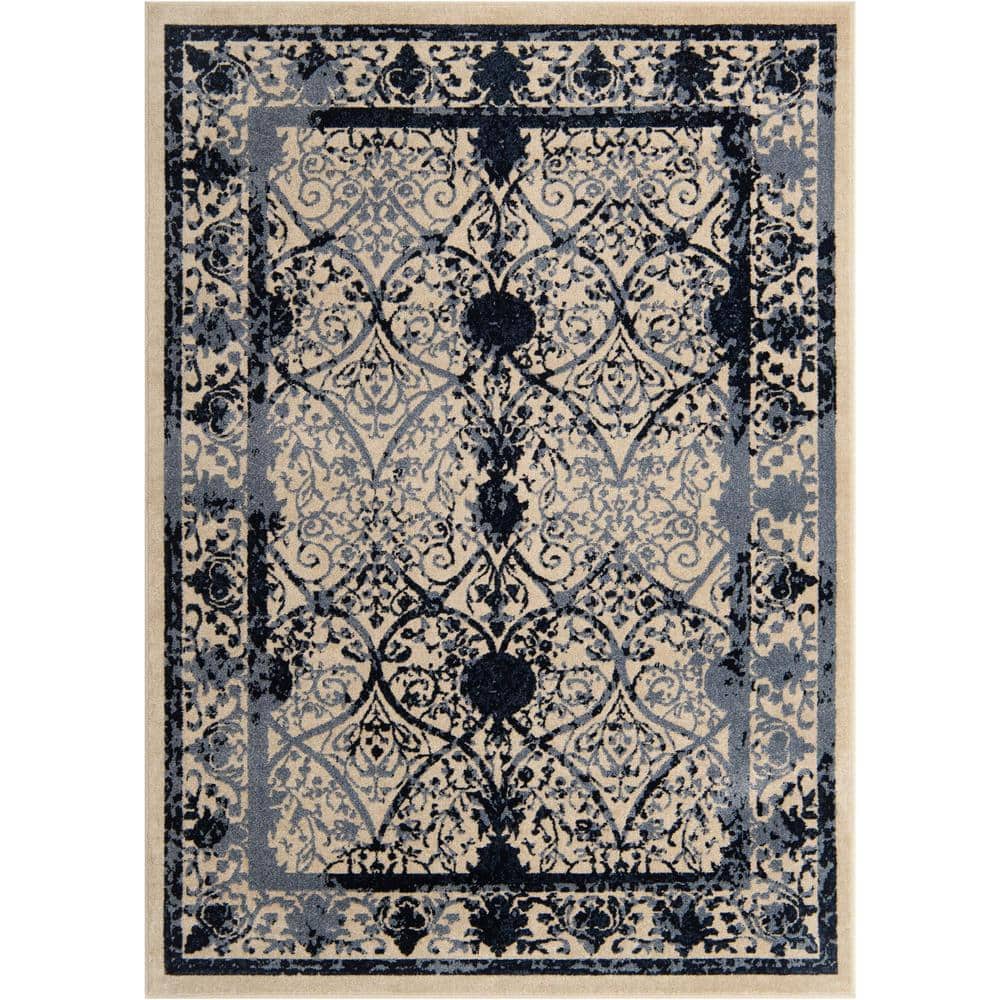 Blue Floral Motif Synthetic Low Pile Area Rug