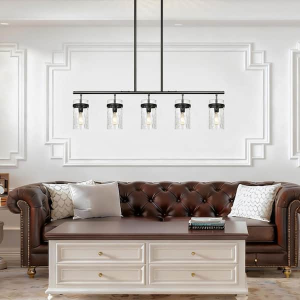 Kinlea 5-Light Black Modern Cylinder Chandelier with Clear Hammered Glass Shades for Kitchen Island, Bedroom