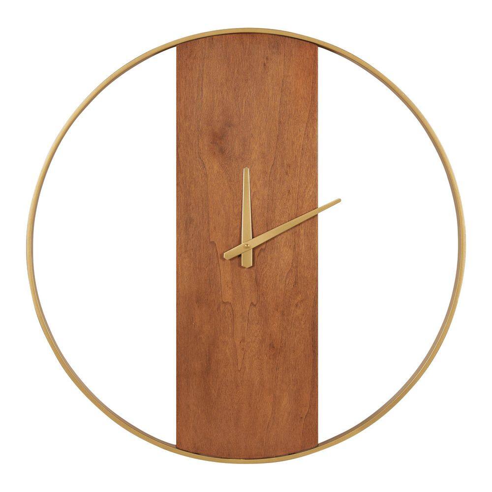 24" Walnut Brown and Gold Metal Round Wall Clock