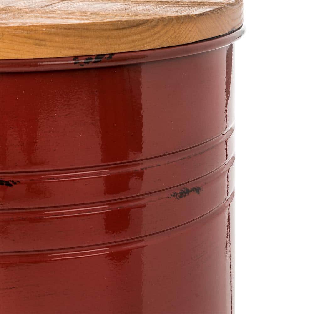 Rustic Red Iron & Pine Wood Storage Accent Table/Stool Set