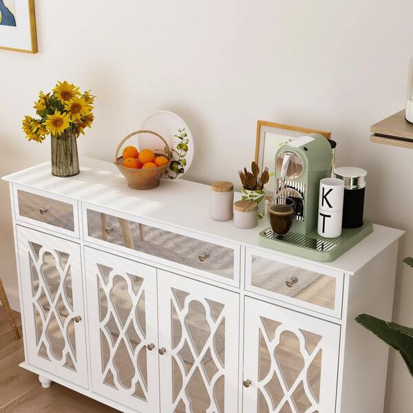 FUFU GAGA White Paint 4 Mirrored Doors Storage Cabinet Buffet Cabinet With 3 Mirror Drawers and Adjustable Shelves KF330041 01 c