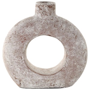 Antique Style Textured Circle Donut Ceramic Decorative Vase, Cream