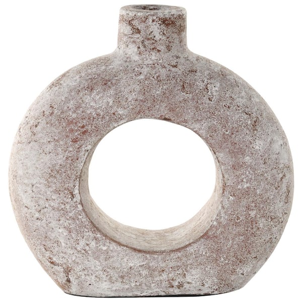 Litton Lane Antique Style Textured Circle Donut Ceramic Decorative Vase, Cream