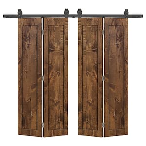 72 in. x 84 in. 1-Panel Shaker Hollow Core Walnut Pine Wood Double Bi-fold Door with Barn Door Hardware Kit