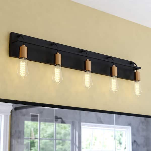 Seward Park 36 in. W 5-Light Black and Satin Gold Brass Vanity Light Industrial Bathroom Fixture with Full Backplate