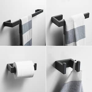 4-Piece Bath Hardware Set in Matte Black with Towel Ring Toilet Paper Holder Towel Hook and 24 in. Towel Bar