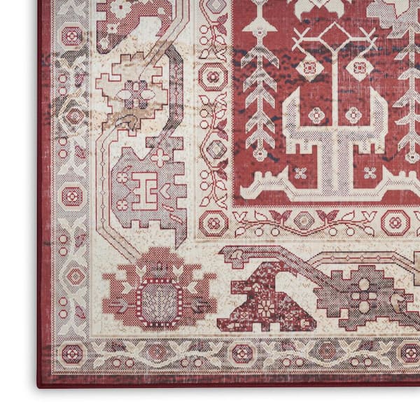 5' X 7' Red and Ivory Oriental Distressed Non Skid Area Rug