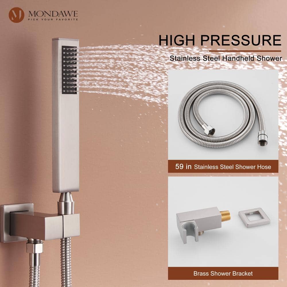 Brushed Nickel Ceiling Mounted Rain Shower System with Handheld and Body Jets