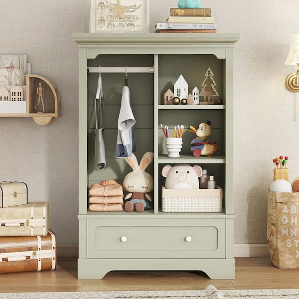 Green Wood 31.5 in. Kids Armoires with Drawer Children's Wardrobe with Hanging Rod and Shelves Low Dress-up Storage