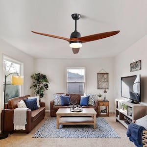 56 in. Indoor/Outdoor Wood Matte Black Ceiling Fan with Lights Remote Control Dimmable Light Reversible DC Motor