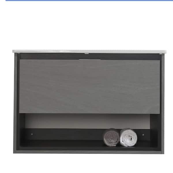 JimsMaison Eimi 32 in. W x 18 in. D x 20 in. H Bathroom Vanity Side Cabinet in Grey Ebony with White Ceramic Top
