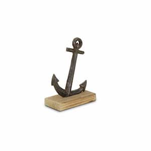 8 in. Gray Cast Iron Anchor Wood Base Specialty Sculpture