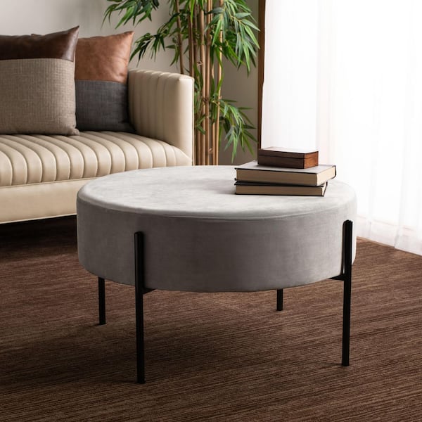 Lisbon Grey/Black Velvet Round Accent Ottoman