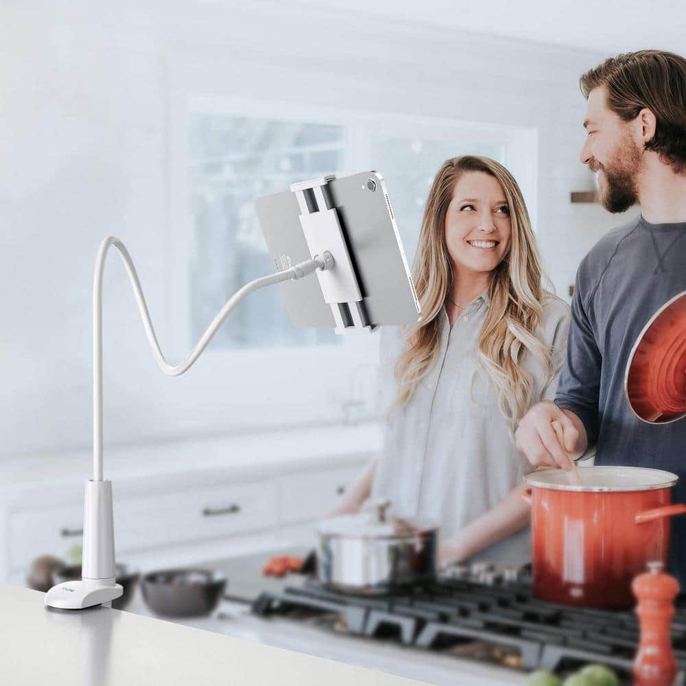 White Adjustable Clip-On Tablet Mount with Twist-Lock Grip