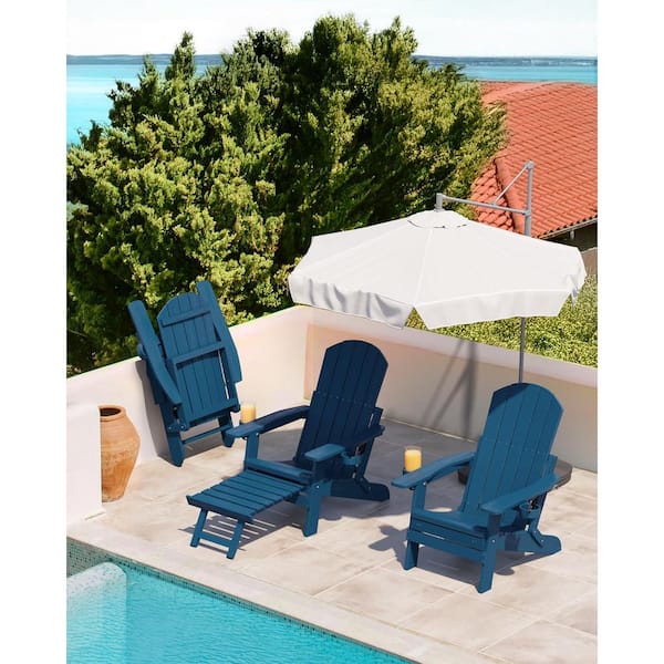 Navy Blue Outdoor Weather Resistant Folding Adirondack Chair with Integrated Pullout Ottoman and Cup Holder