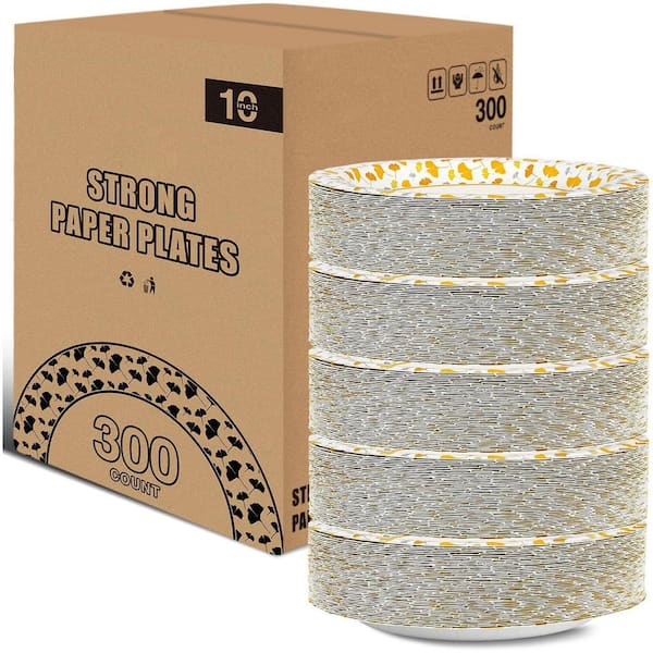 10 in. Disposable Paper Plates with Ginkgo Design, 300 Count Bulk Pack
