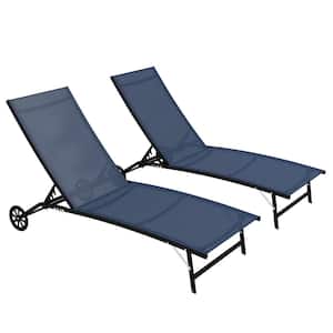 2-Piece Black Metal Blue Fabric Outdoor Chaise Lounge on Wheels with 5 Level Adjustable Backrest for Pool 2-Pack