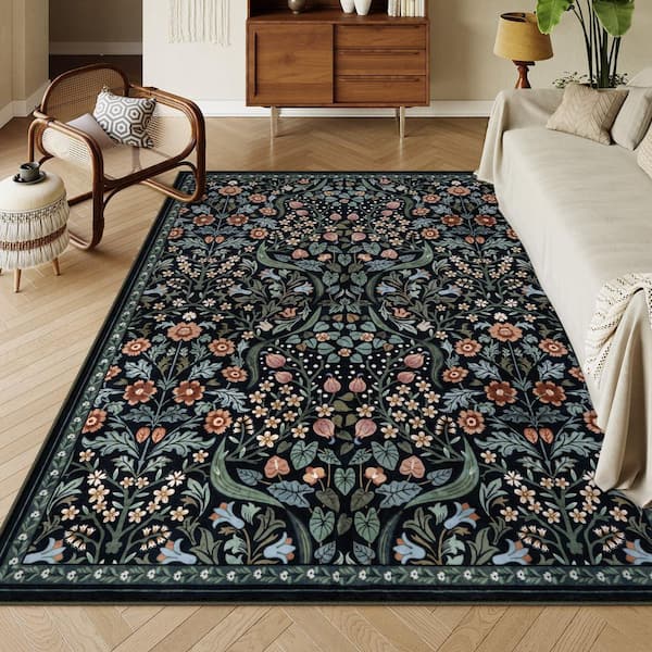 8 ft. x 10 ft. Black Multi-Colored Floral Plant Washable Area Rug