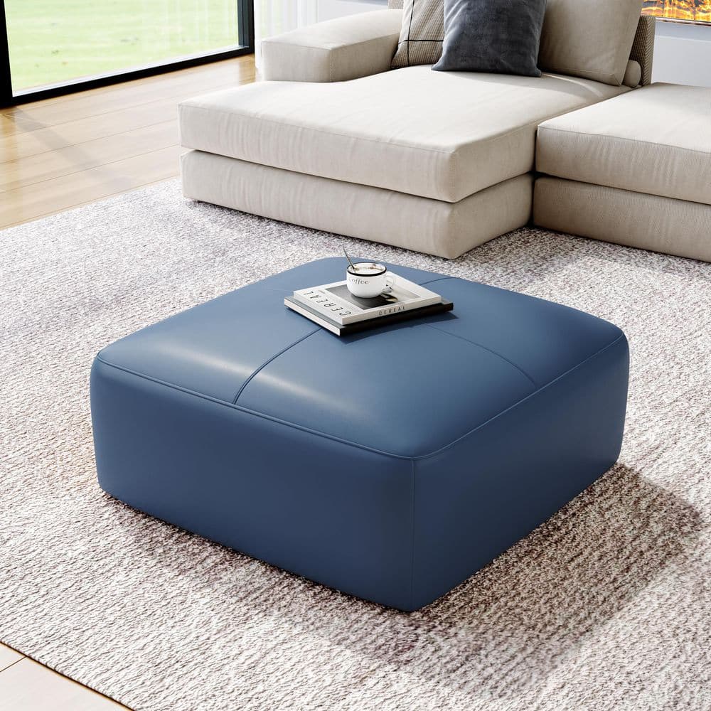 Uixe 35 in. Wide Mid-Century Navy Blue Genuine Leather Square