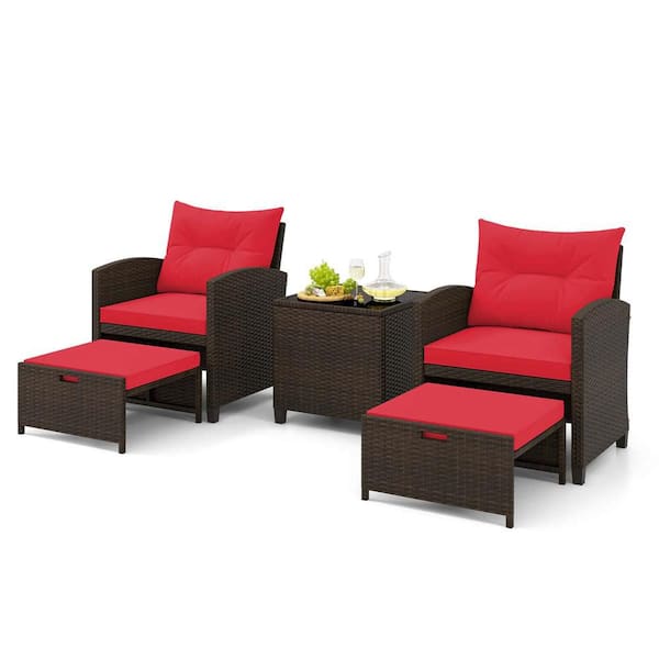 Costway Brown 5-Piece Metal Patio Conversation Set with Cushion Guard Red