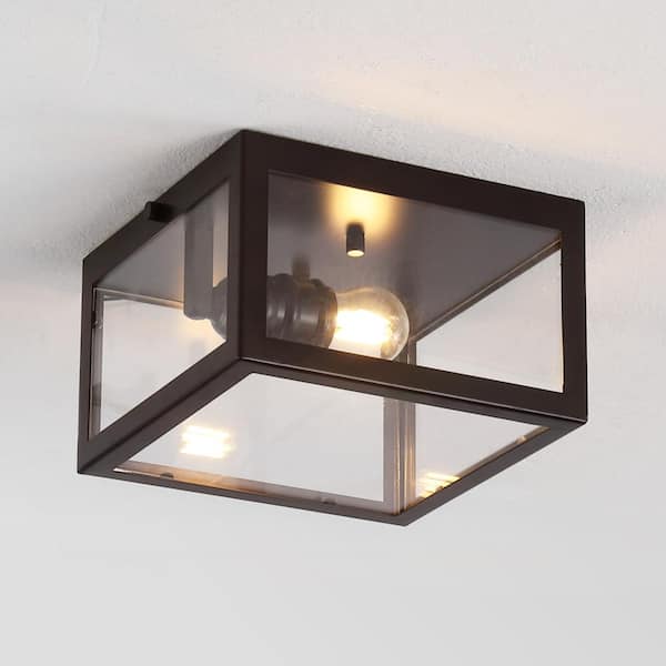 JONATHAN Y Eleanor 8 in. 1-Light Farmhouse Industrial Square Iron/Glass Case LED Flush Mount, Oil Rubbed Bronze