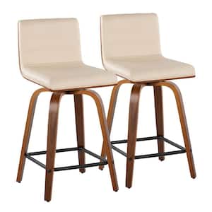 Vasari 24 in. Cream Faux Leather, Walnut Wood and Black Metal Fixed-Height Counter Stool (Set of 2)