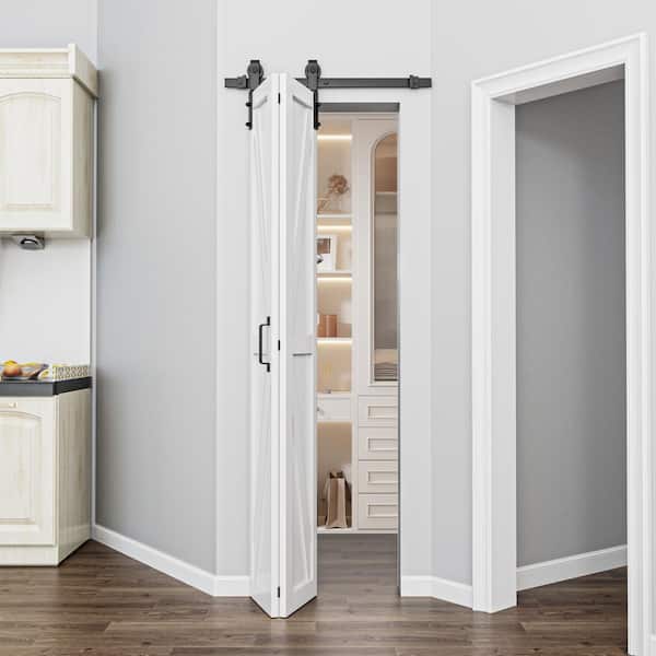 25 in. x 84 in. Paneled White Finished MDF British K Shape Composite Bifold Sliding Barn Door with Hardware Kit
