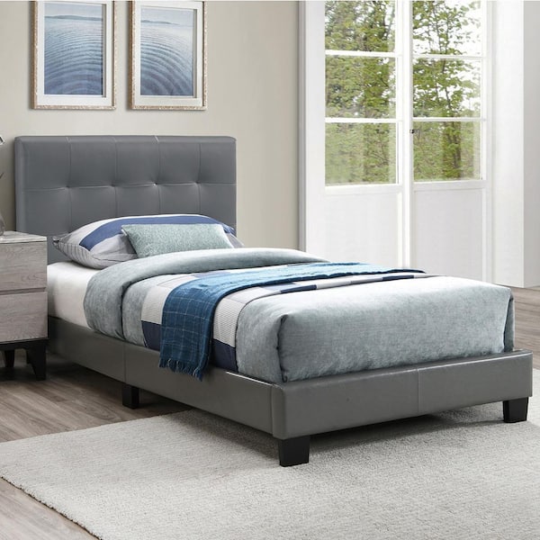 Faux Leather Upholstered Twin Bed in Grey