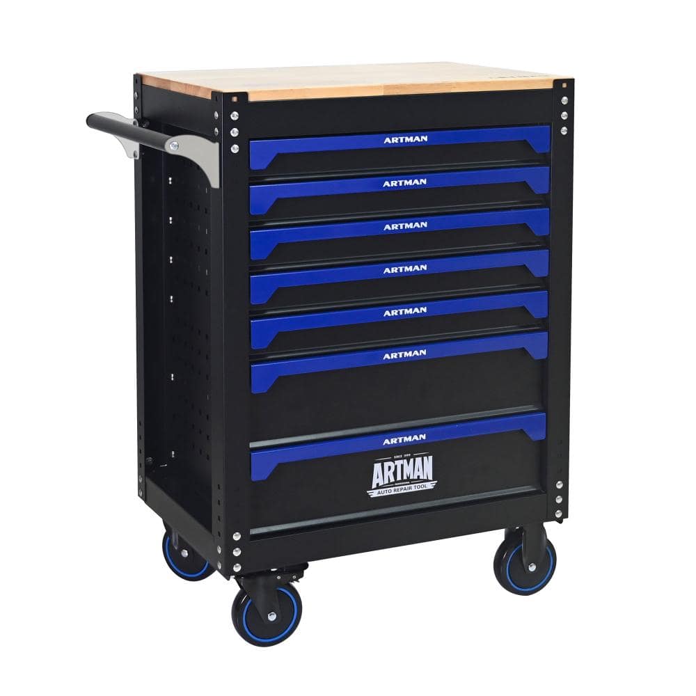 7‑Drawer Black & Blue Rolling Steel Tool Cart with Wood Top, Handle & Wheels, Garage Warehouse Storage Cabinet price history on PriceWatchPro