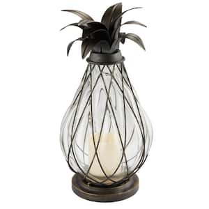 17 in. Aged Bronze Outdoor Patio LED Candle Pineapple Lantern